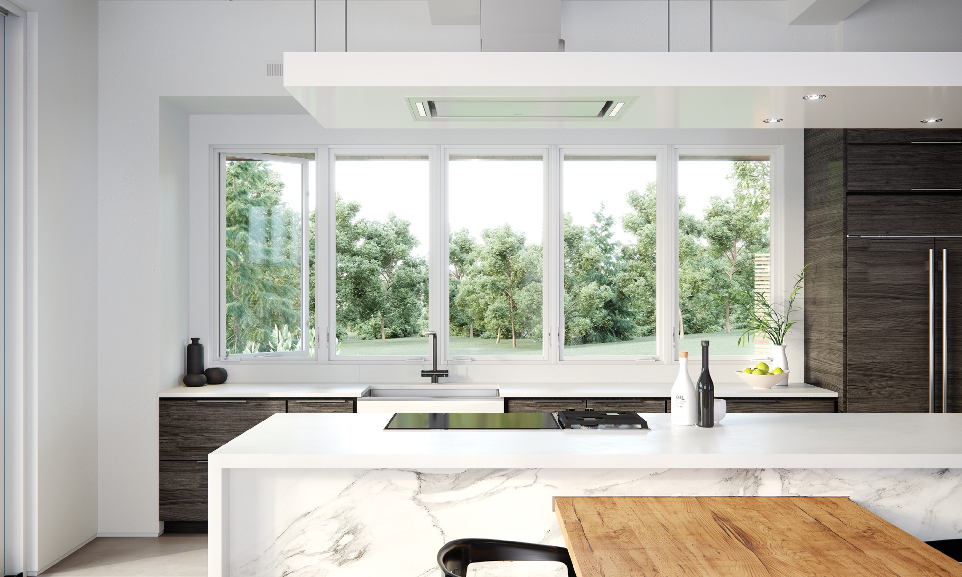 Kitchen featuring a series of crank out casement windows in stone white from Marvin’s Modern Collection