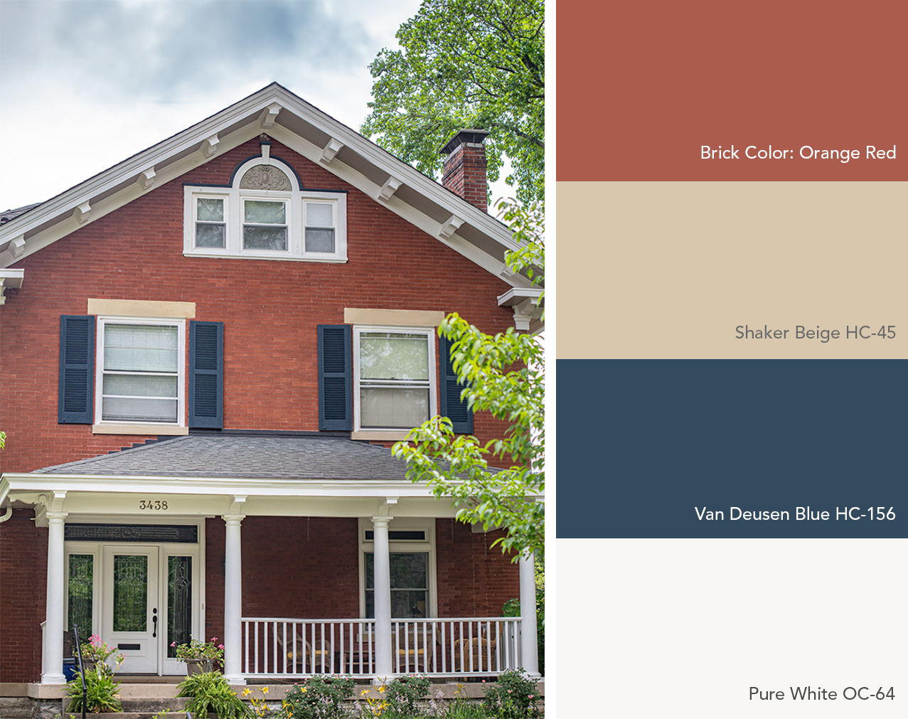 Exterior color palette featuring Benjamin Moore colors next to an orange-red brick house