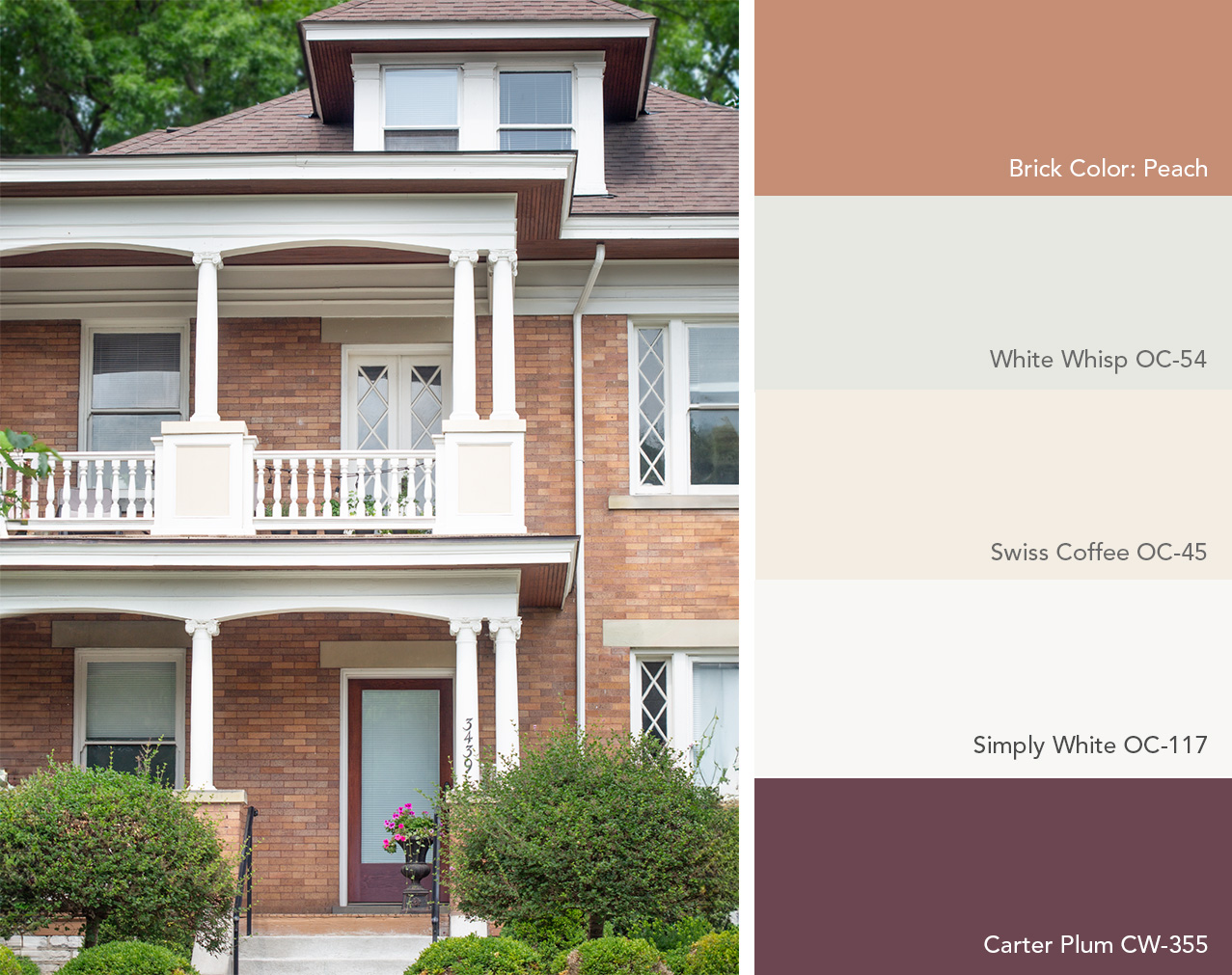 Exterior color palette featuring Benjamin Moore colors next to a peach brick house