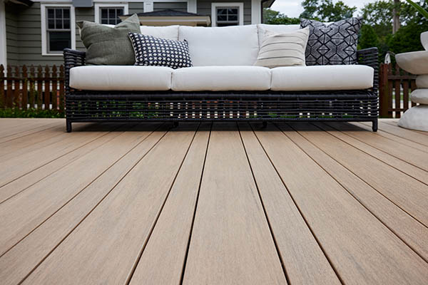 TimberTech Advanced PVC Weathered Teak decking in pinstripe pattern