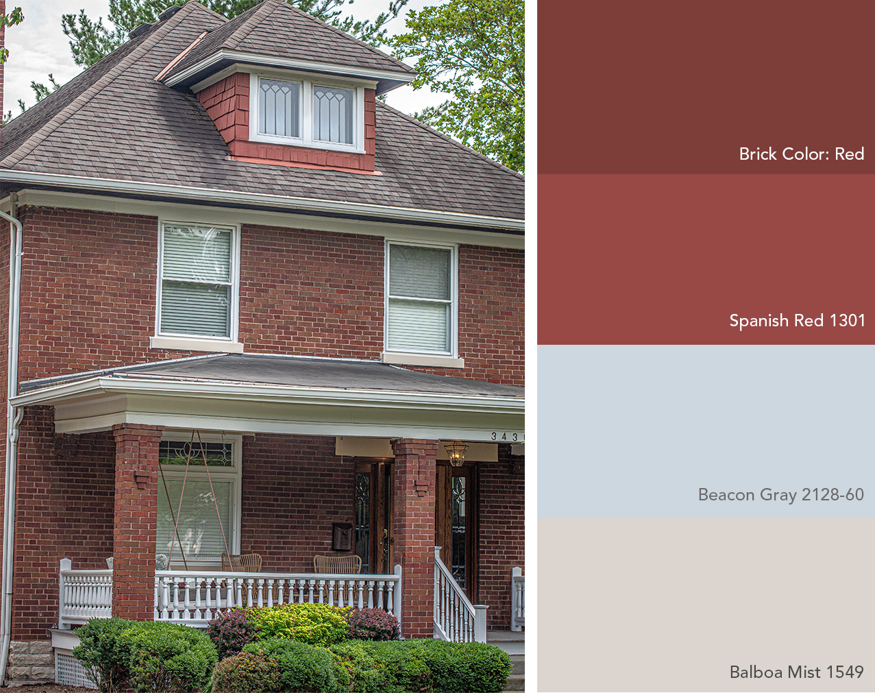 Exterior color palette featuring Benjamin Moore colors next to a red brick house