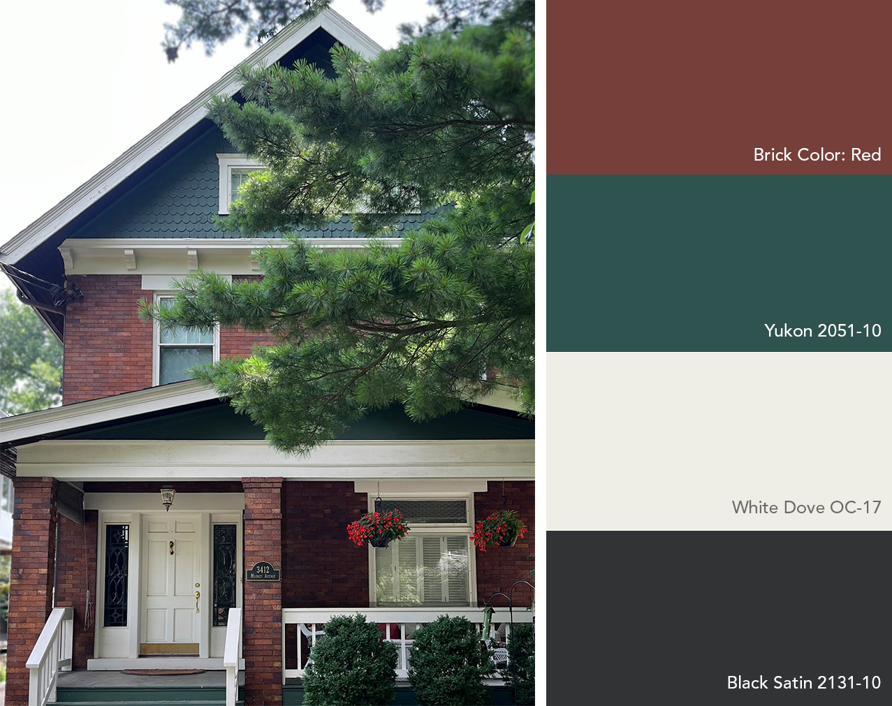 Exterior color palette featuring Benjamin Moore colors next to a red brick house with green accents