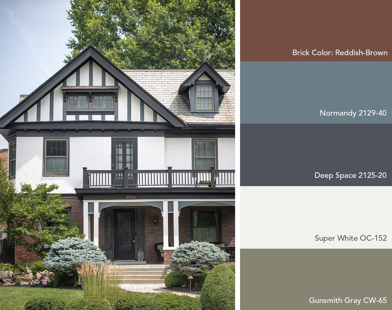 Exterior color palette featuring Benjamin Moore colors next to a dark red brick house