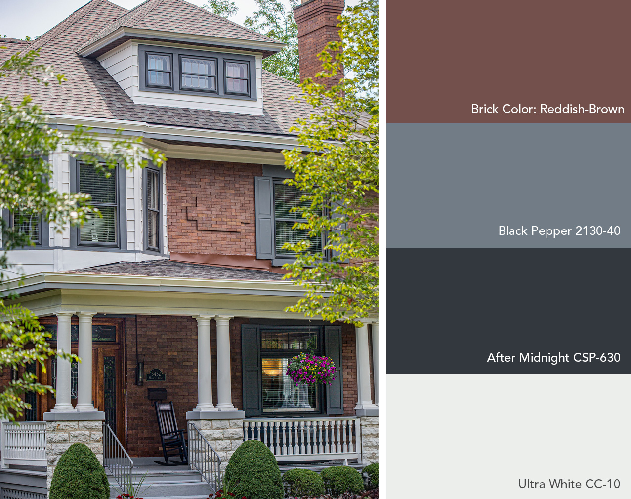 Exterior color palette featuring Benjamin Moore colors next to a red-brown brick house