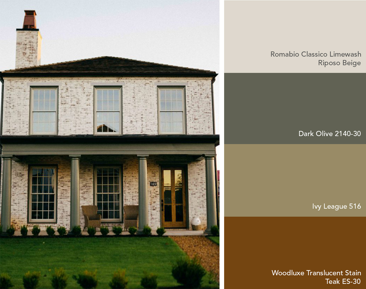 Earth-toned exterior color palette featuring Romabio Classico Limewash and Benjamin Moore colors