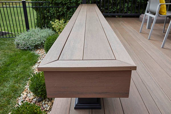 Built-in deck bench using TimberTech multi-width decking.