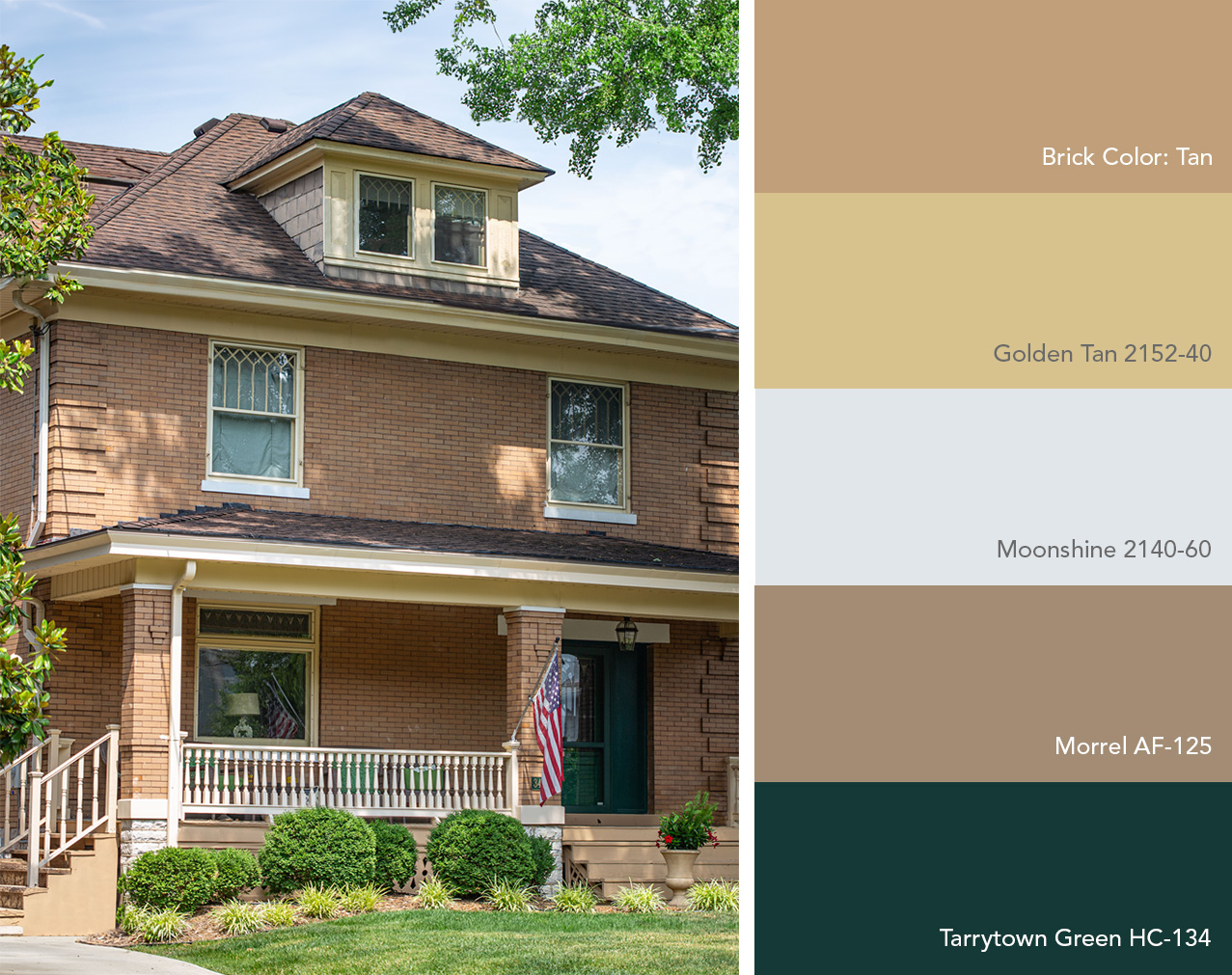 Exterior color palette featuring Benjamin Moore colors next to a tan brick house