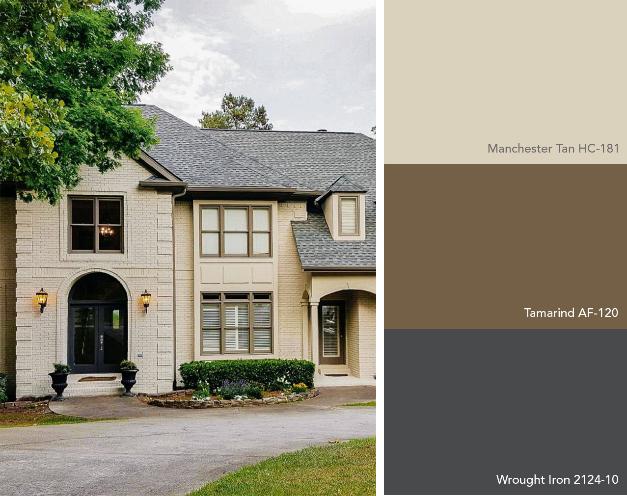 Neutral exterior color palette featuring Benjamin Moore colors next to a painted brick house