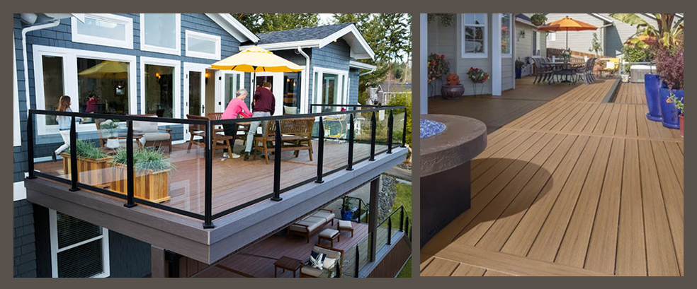 LEFT: Multi-Level deck with TimberTech Vintage Collection in Mahogany with Dark Hickory; RIGHT: TimberTech Prime+ Collection in Coconut Husk with platform border in Sea Salt Gray