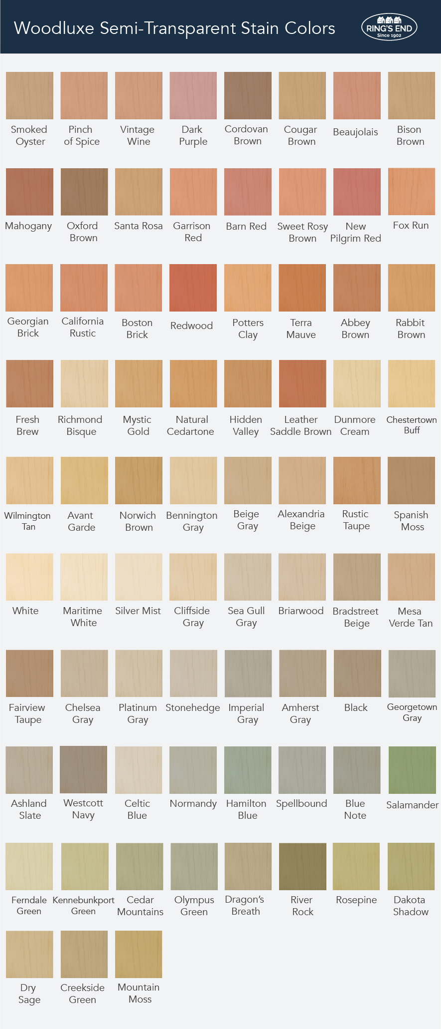 Infographic of the 75 Woodluxe semi-transparent stain colors