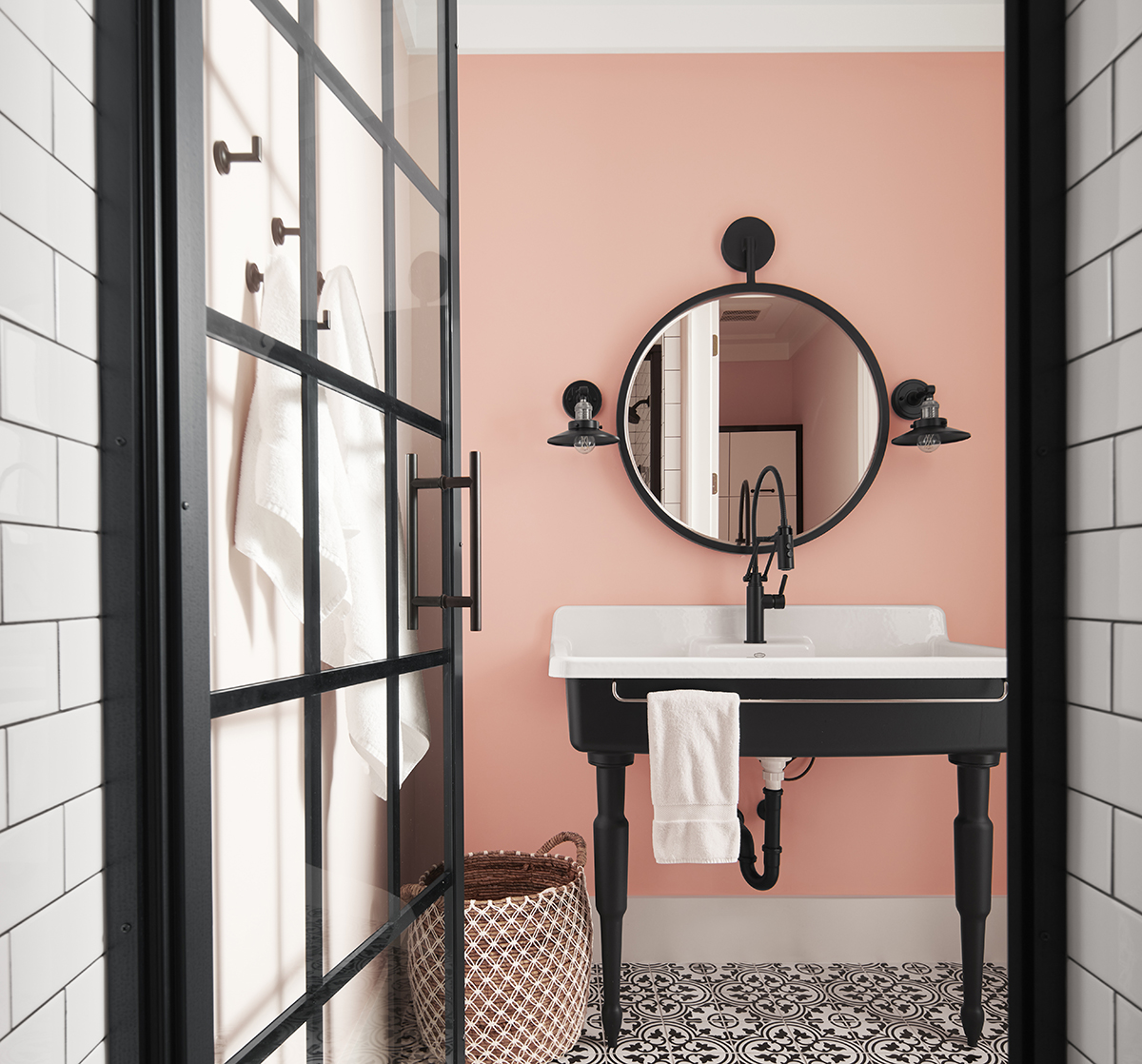 Bathroom wall painted in Benjamin Moore August Sunrise