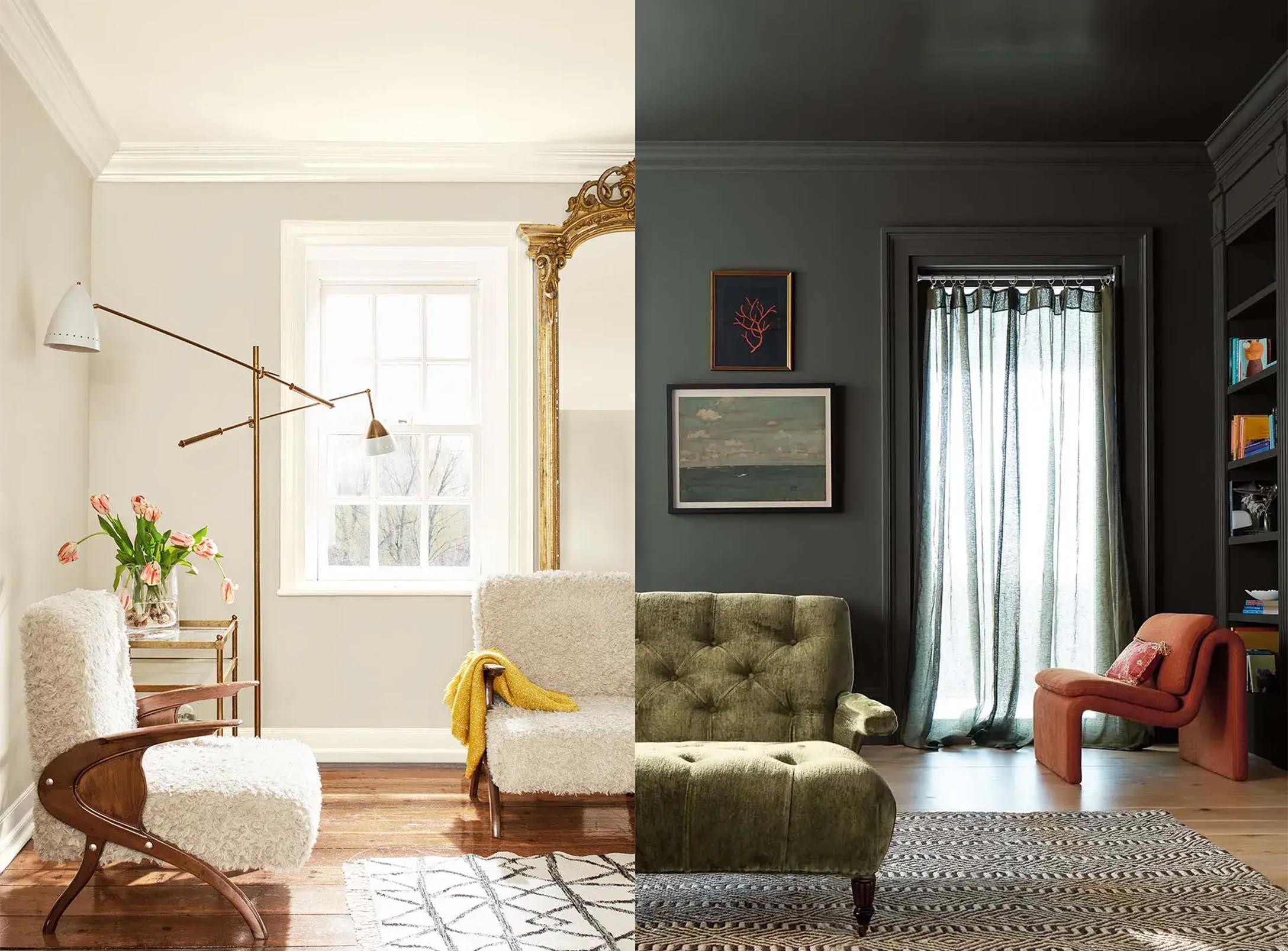 Left: Walls in Sea Salt CSP-95, Trim and Ceiling in Glacier White OC-37. Right: Living Room in Ashwood Moss 1484