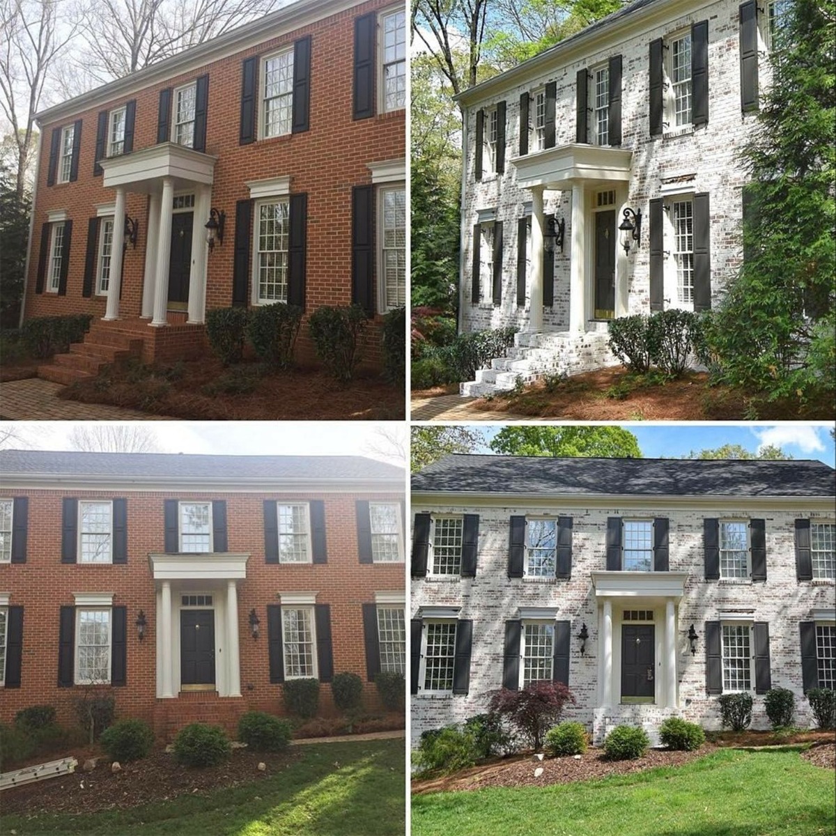 Before and after image of a red brick colonial stye home that's been whitewashed with Romabio Limewash