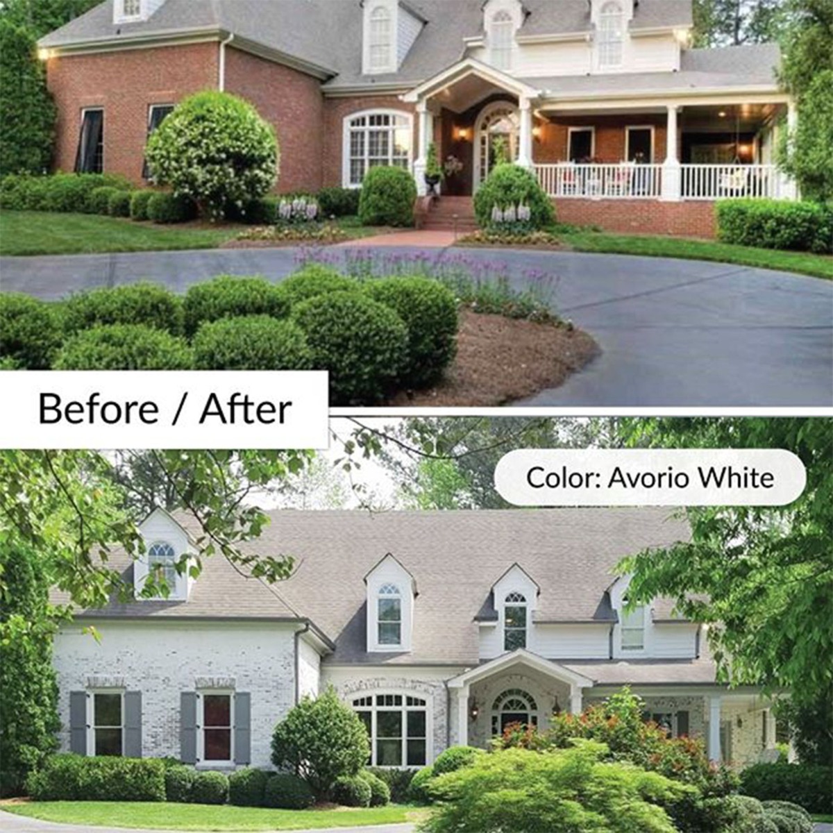 Before and after image of a classic brick southern style home that's been whitewashed with Romabio Limewash