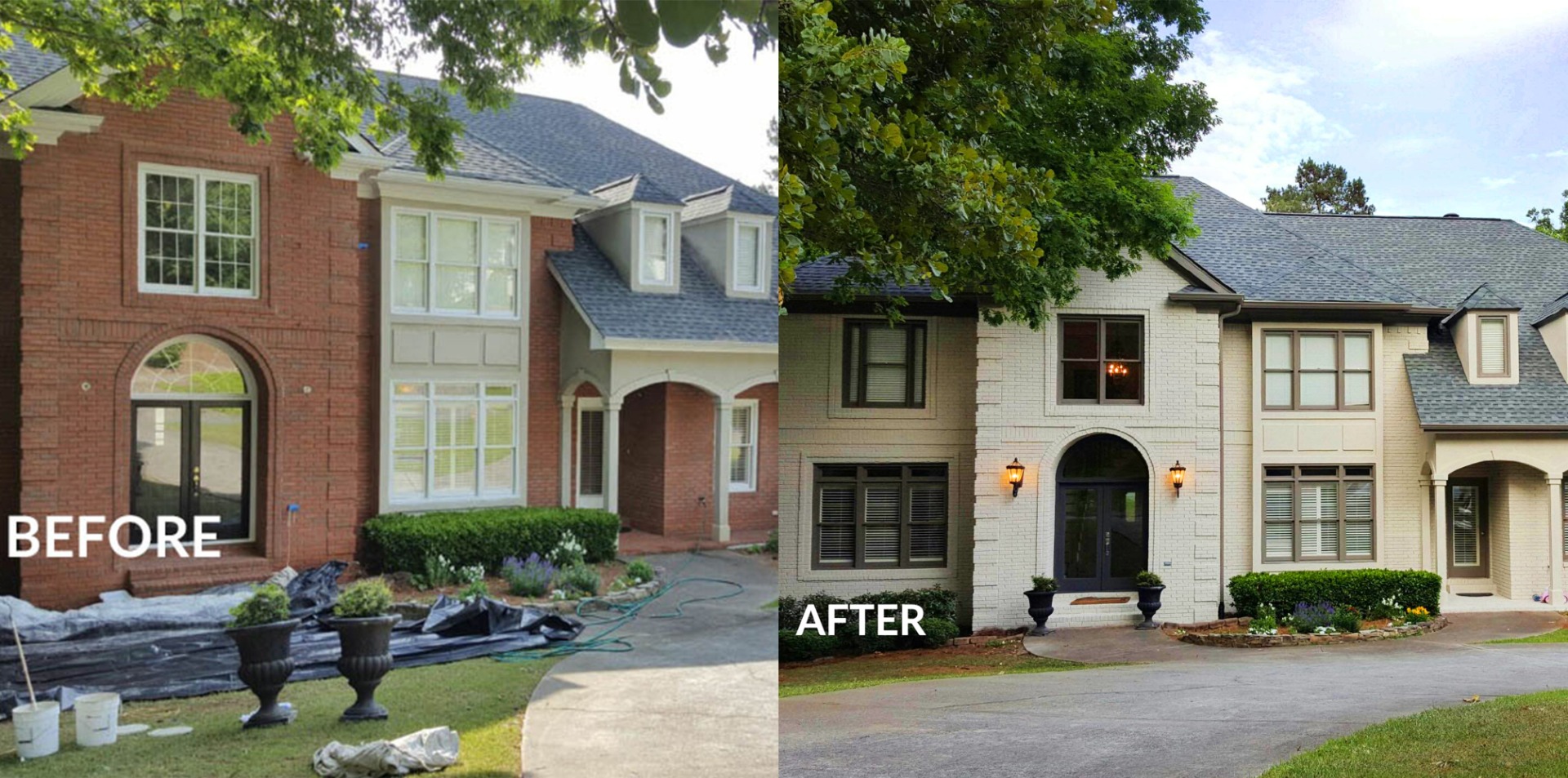 before and after masonry paint on a brick house 