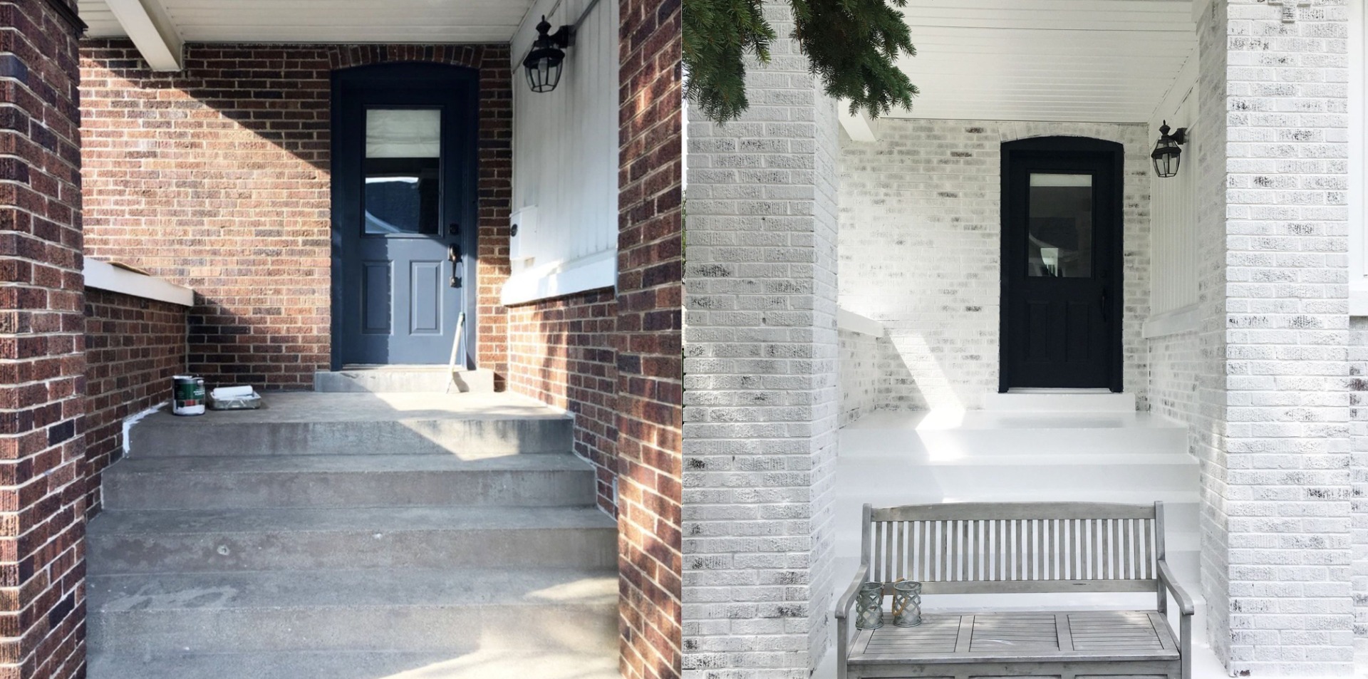 Before and after of a red brick home whitewashed