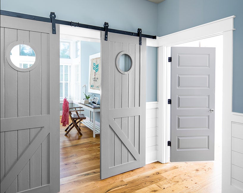 Benjamin Moore Nimbus Gray on office walls; doors in Storm AF-700; trim in Pure White OC-64