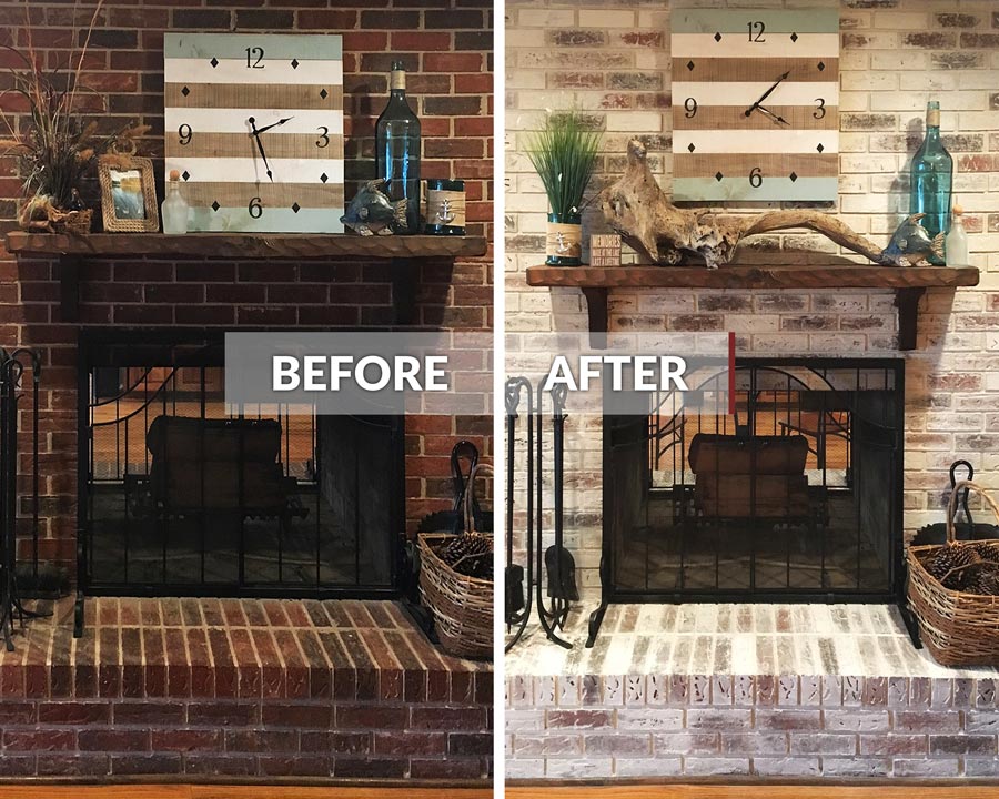 Before and after of a limewashed fireplace