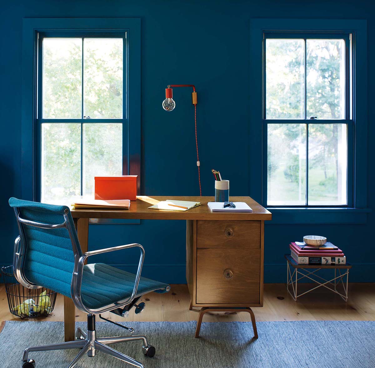 Office walls and trim in Benjamin Moore Hidden Sapphire CSP-690