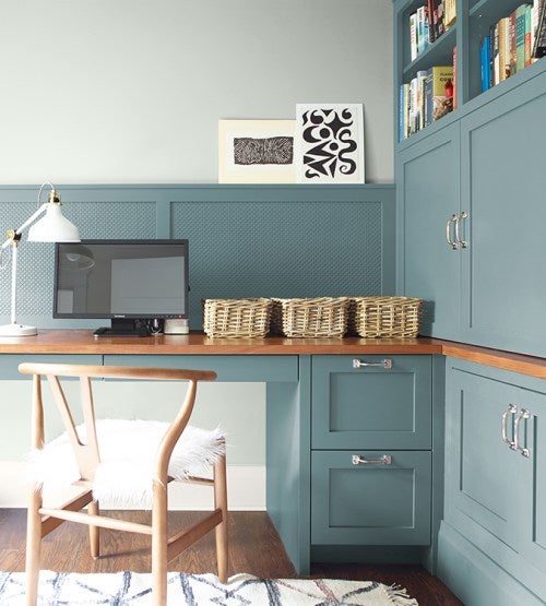 Home office cabinets painted in Benjamin Moore Aegean Teal