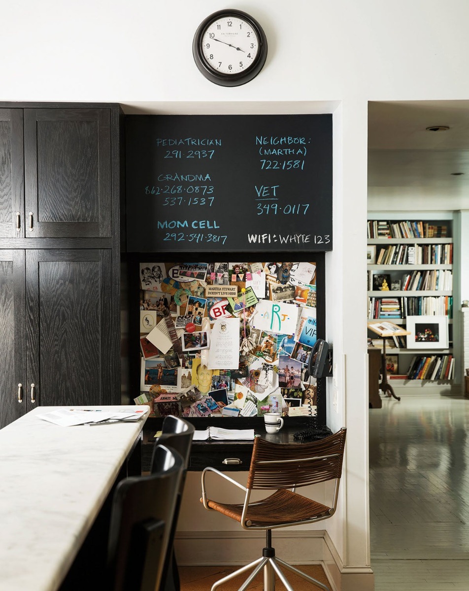 Desk wall painted in Benjamin Moore Black 2132-10, coated with Ben Chalkboard Eggshell; wall in Snow White; trim in Baby Fawn