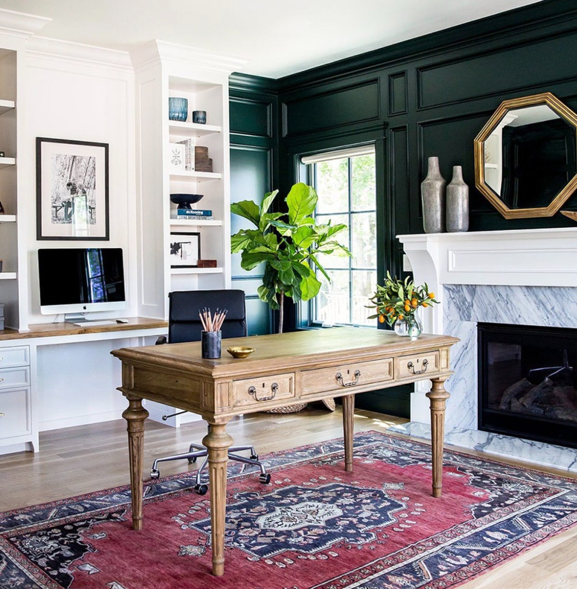 Home office with accent wall painted in Benjamin Moore Slamander