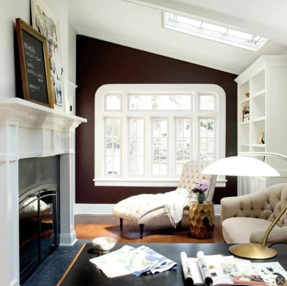 Office accent wall in Benjamin Moore Wenge; trim and ceiling in Ice Mist