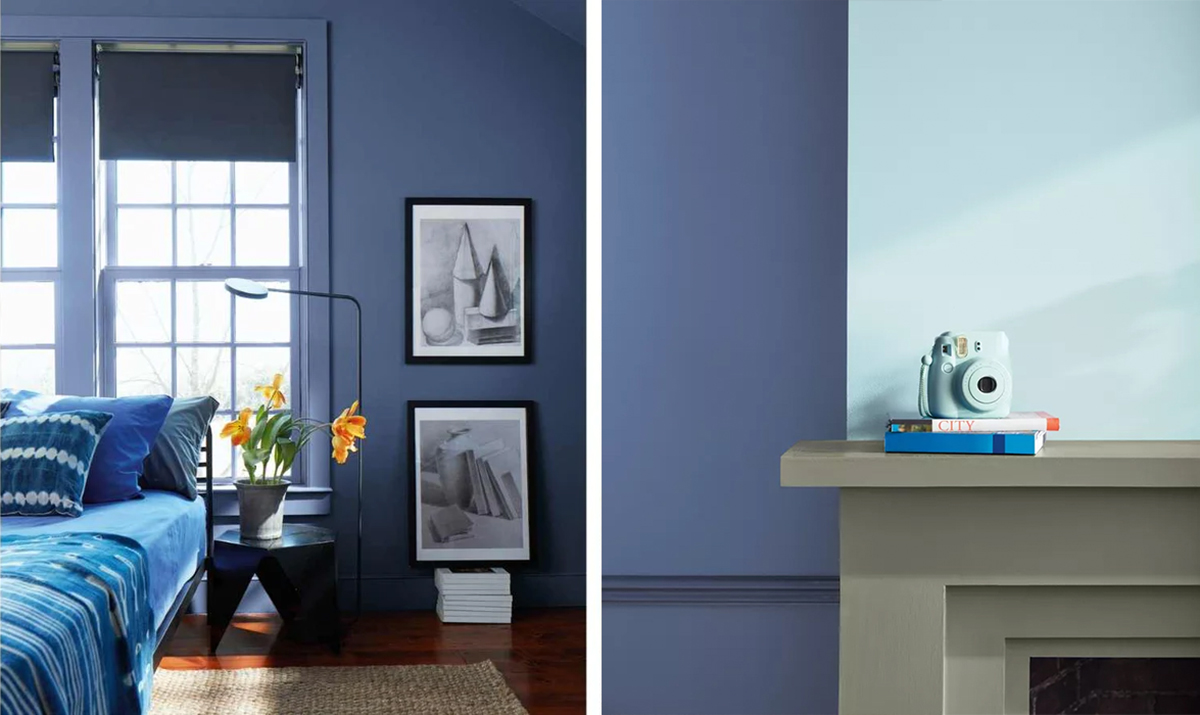 bedroom in benjamin moore Blue Nova, and accent wall in Blue Nova with poar sky fireplace wall and mantel painted in Antique Pewter